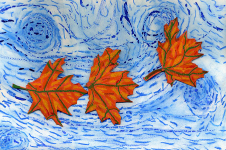 three maple leaves blowing in the blue wind