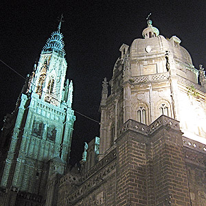 The Cathedral Tower lit up at night