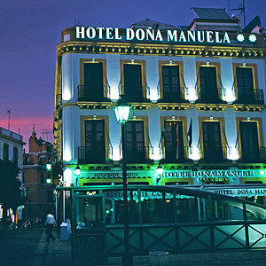 A night view (after sunset) of our hotel (Doña Manuela)