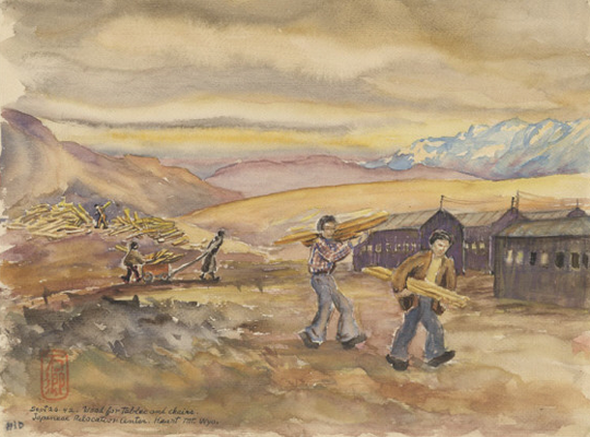 Watercolor in hues of brown, yellow, blue, purple, and gray of people picking through a lumber pile looking for wood to make furniture. Two men in foreground, center right, carry lumber away from pile. At midground, one figure pulls a wagon full of lumber while another person pushes from behind toward four barracks on right side. One figure stands amid lumber pile in background left. Multihued mountains in background ; blue and white mountains visible on right. Brown hued sky.