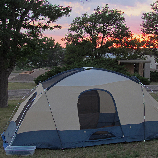 Our tent set up in the city park in Saint Francis, Kansas