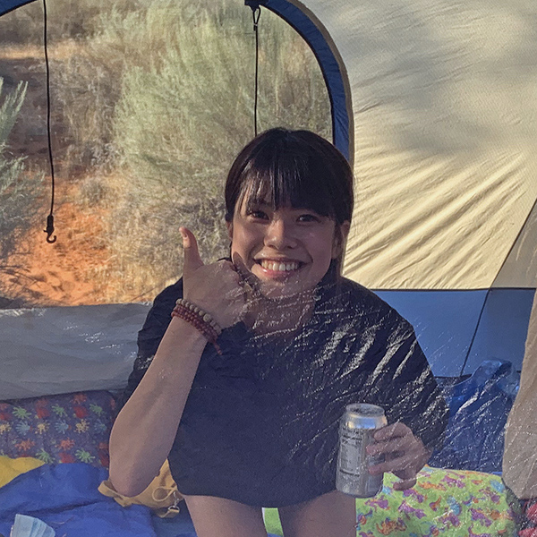 Hsiao-Chi in tent at Snow Canyon