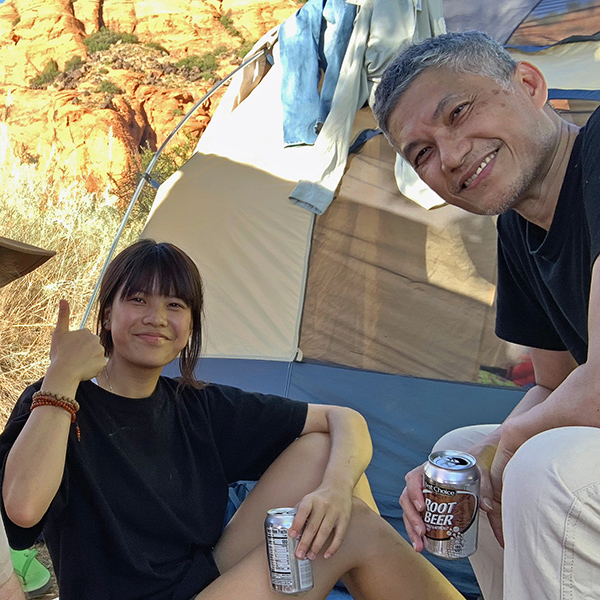 Jeri, Eric, Hsiao-Chi, and Greek at our campsite in Snow Canyon