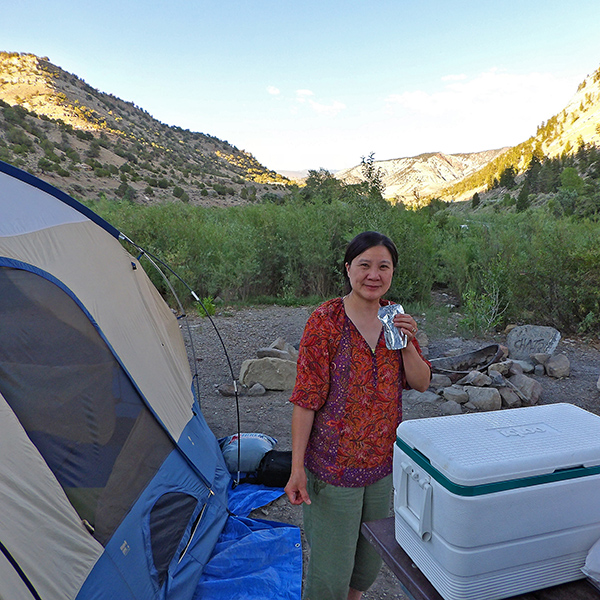 Jeri with drink in Lyons Gulch