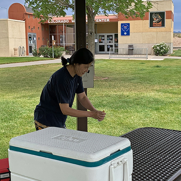 Jeri preparing table for our lunch at Fruita, Colorado