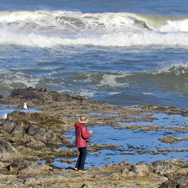 Mom is out on the rocks below our house.