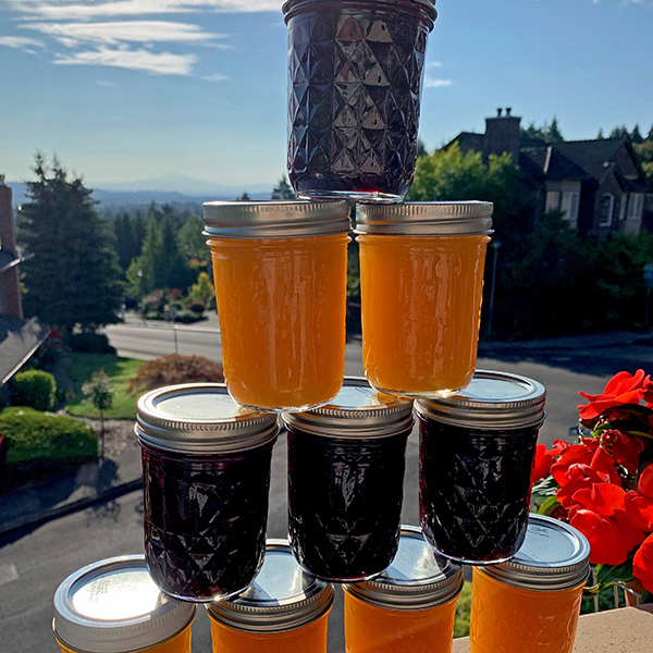 Mom and I made some peach jam and some Blackberry-Blueberry jam, and I stacked up some of the jars to stand on a balcony in the morning sun.