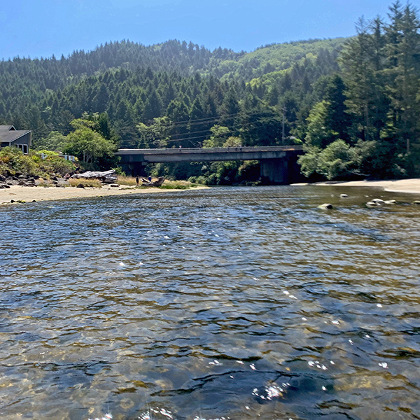 Looking inland toward the Highway-101 bridge over the Yachats River.