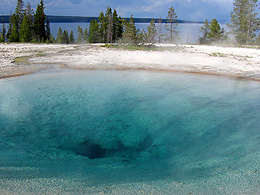 A lovely blue color of the hot spring with the Yellowstone Lake in the background