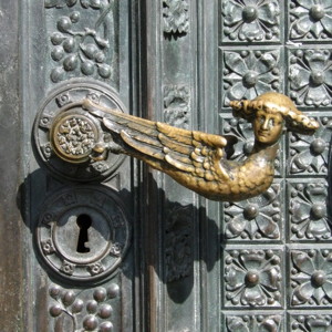 Birdman door handle in Cologne Cathedral, Germany.