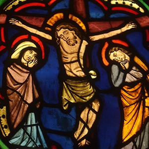 Crucifixion (1260) Jessu hangs on the cross, with his eyes shut. On either side of him stand figures who are in great distress.