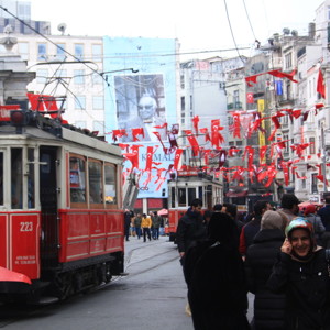 Streetcars on Freedom Avenue in Taksim, Istanbul, Turkey.