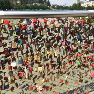 Love locks on the bridge in old town Salzburg.