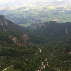 View down from a cable car to the Untersberg mountain.