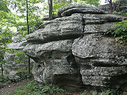 A large stone by a trail in the woods.