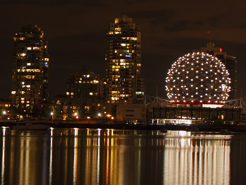 Looking across the water and lights from Science World