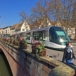 A tram passes over a bridge in Strasbourg