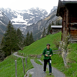 Arthur is walking up the Eschen track toward Gimmelwald after at the end of our Sunday evening walk.