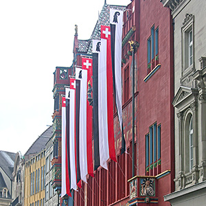 Banners on the facade of the Basel Town Hall