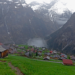 The view from the slope above the village looking down into Gimmelwald.