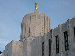 The unusual central tower of the Oregon State Capitol