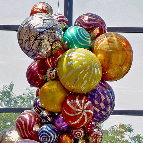 Decorative balls in Joslyn Art Museum’s ConAgra Atrium