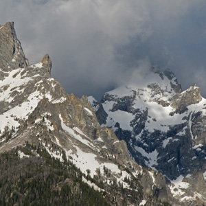 Teewinot and Grand Teton in the clouds