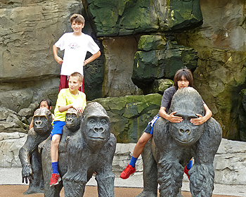 Boys riding on gorilla statues