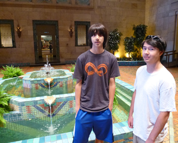 Boys in courtyard with fountain