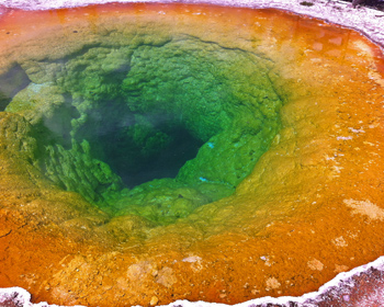 Morning Glory Pool looking more like an emerald and rust colored pool
