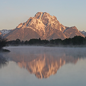 Mt Moran with dawn light reflected at Oxbow Bend
