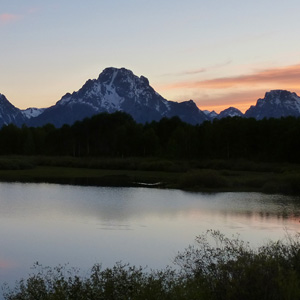 Mt Moran at sunset with some pink clouds