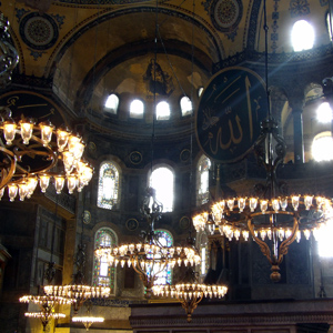 Lamps in Hagia Sophia in Istanbul, Turkey.