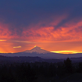 Dawn over Mount Hood seen from Bull Mountain in Tigard, Oregon