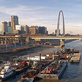 Barges and tugs on the Mississippi at Saint Louis