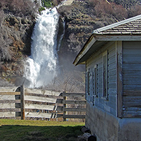 Waterfall and old dairy building.
