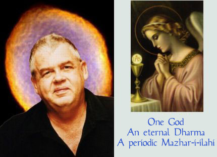 Image of John, with an angel. The phrase One God, An eternal Dharma, A periodic Mazhar-i-ilahi