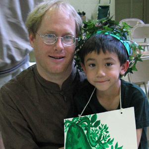 Sebastian dressed for a play dramatizing the story of Peter Rabbit.  Arthur is playing a cucumber.