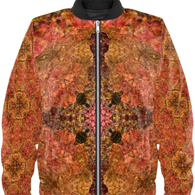 A Bomber jacket with the colors of autumn leaves in bright patterns