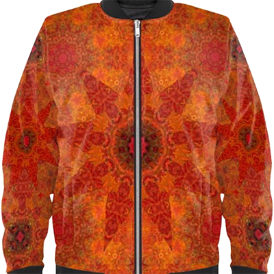 A Bomber jacket with the colors of autumn leaves in bright patterns