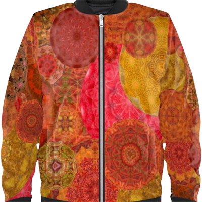 A Bomber jacket with the colors of autumn leaves in bright patterns