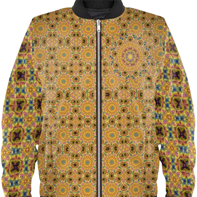 A Bomber jacket with the colors of autumn leaves in bright patterns