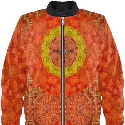 A Bomber jacket with the colors of autumn leaves in bright patterns