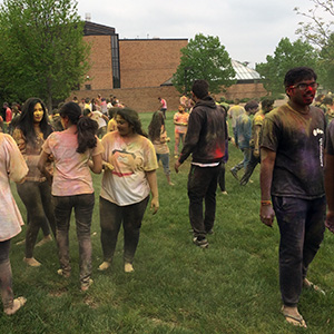 Students at UIS celebrating Holi during Asian Celebration Week in late April on the UIS campus