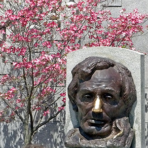 Statue of Lincoln with pink dogwood