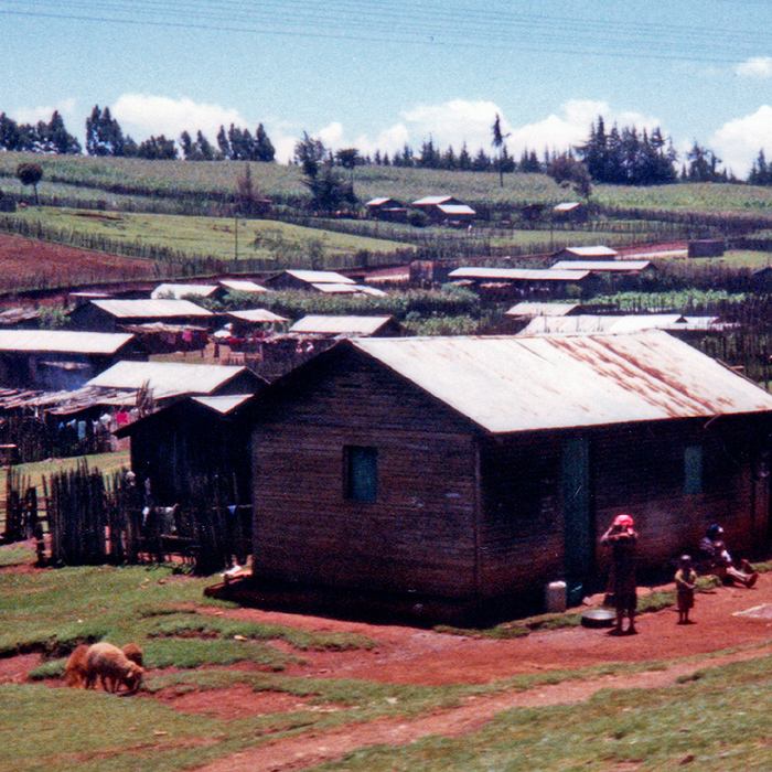YA village with red soil, few trees in the area, and some fields in a small valley with gentle sloping sides