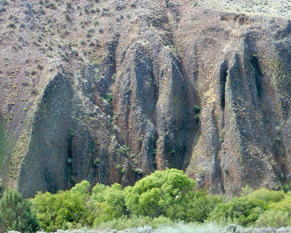 Cliffs rise up from trees along the Malheur River