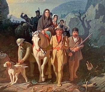 Daniel Boone with his family and pioneers crossing the mountains.