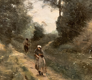 An almost impressionist painting of two figures on a path between two groups of trees.