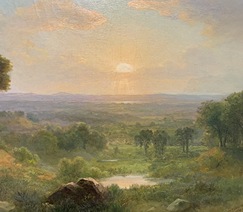 The sun rises (or perhaps, sets) over a New England Landscape of 1870.